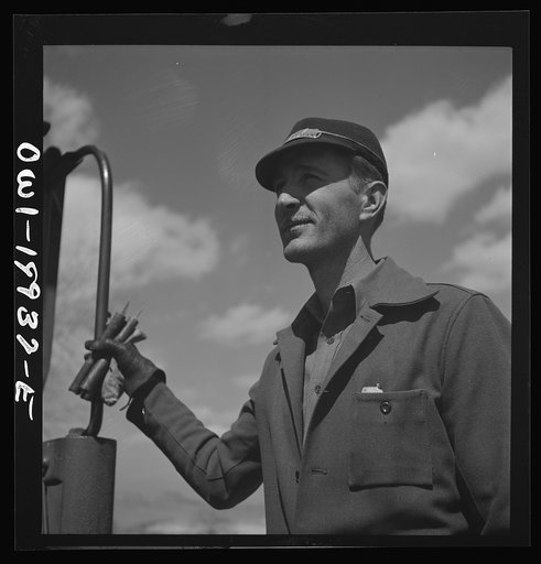 Miami, Texas. On the Atchison, Topeka and Santa Fe Railroad between Canadian, Texas and Amarillo, Texas. Brakeman C. B. Masable, waiting for the train to start after it has taken water