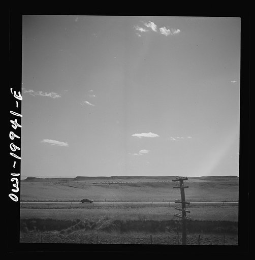 Crossing the "breaks" country of the northeast Texas panhandle on the Atchison, Topeka, and Santa Fe Railroad, between Canadian and Amarillo, Texas