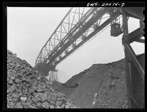 Milwaukee Western Fuel Company, Milwaukee, Wisconsin. One of the bridges at the Seventeenth Street dock of the Milwaukee Western Fuel Company with a five-ton coal bucket. The bridge is used for unloading ships, loading cars, keeping coal over the tunnel and loading coal into hoppers