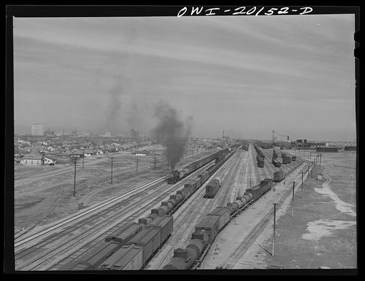 General view of the city and an Atchison, Topeka and Santa Fe Railroad yard
