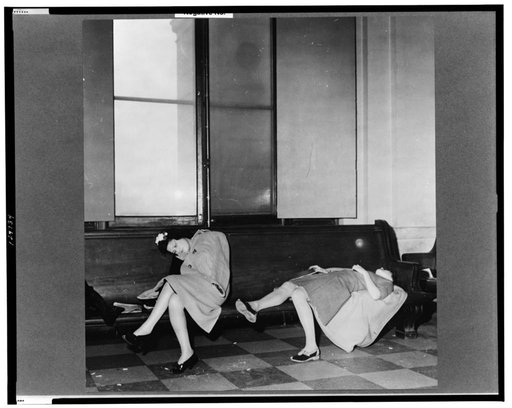 Washington, D.C. Girls sleeping in the waiting room of the Union Station