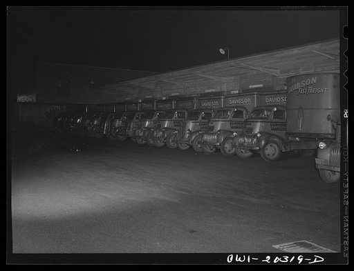 Untitled photo, possibly related to: Baltimore, Maryland. Trucks lined up at the loading dock at the Davidson truck terminal