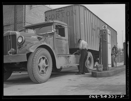 Washington, D.C. Putting gas in a truck at the Associated Transport Company terminal