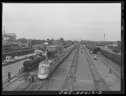 Albuquerque, New Mexico. The Atchison, Topeka and Santa Fe Railroad streamliner "Super Chief" stopping for five minutes' servicing at the depot