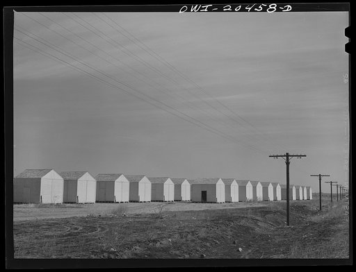 Hereford, Texas. Grain storage bins along the Atchison, Topeka and Santa Fe Railroad