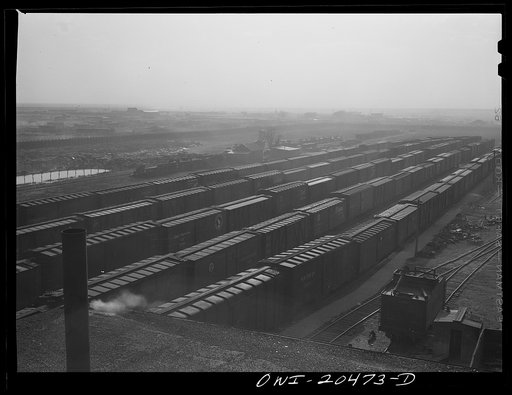 Sandstorm over a Atchison, Topeka and Santa Fe Railroad yard