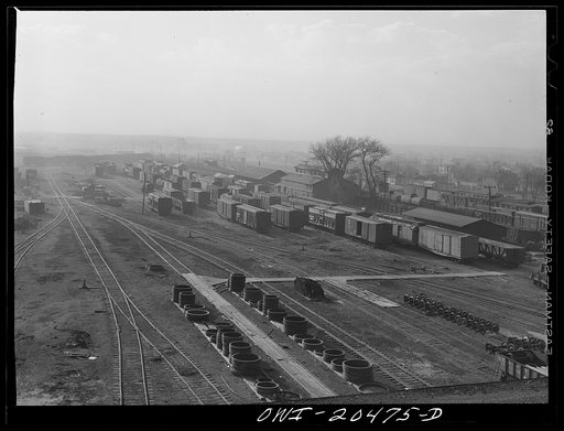 Sandstorm over a Atchison, Topeka and Santa Fe Railroad yard