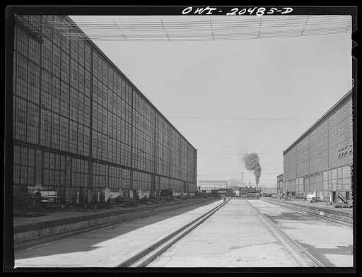 Albuquerque, New Mexico. A completely overhauled engine on the transfer table at the Atchison, Topeka and Santa Fe Railroad locomotive shops. It is now ready to go to service