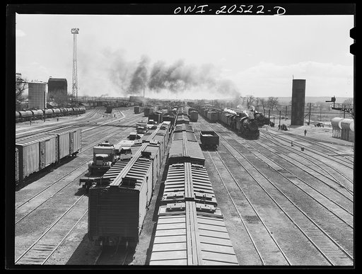 General view of part of an Atchison, Topeka and Santa Fe Railroad yard