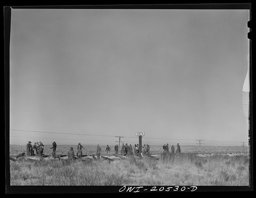 Untitled photo, possibly related to: Iden, New Mexico. Atchison, Topeka and Santa Fe Railroad section gang working on a track