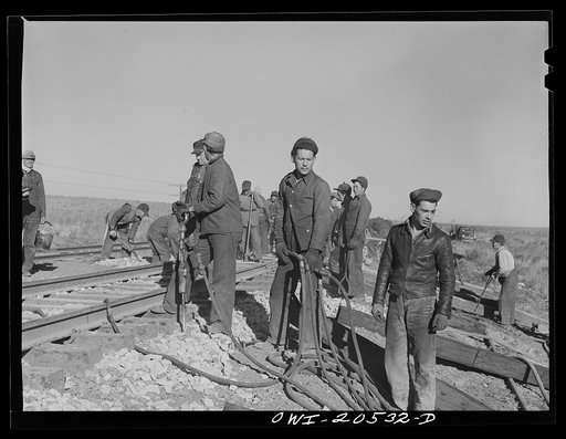 Iden, New Mexico. Atchison, Topeka and Santa Fe Railroad section gang working on a track