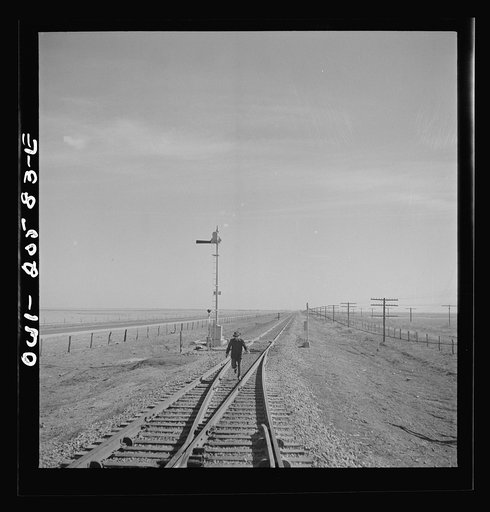 Sumnerfield, Texas. Brakeman running back to his train at the Atchison, Topeka, and Santa Fe Railroad between Amarillo, Texas and Clovis, New Mexico, as it is ready to start again, after having waited in a siding