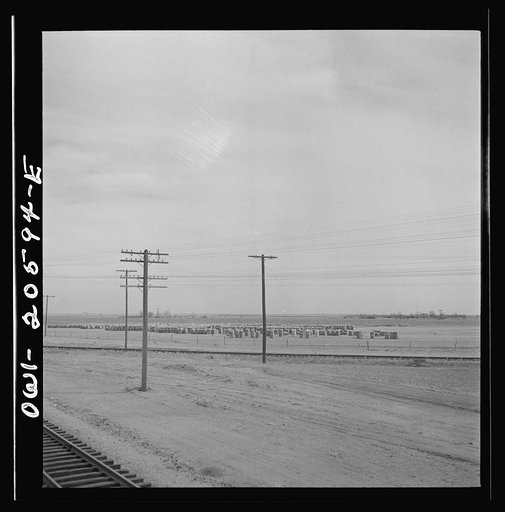 Untitled photo, possibly related to: Farwell, Texas. Bales of cotton at a warehouse and gin along the Atchison, Topeka and Santa Fe Railroad between Amarillo, Texas and Clovis, New Mexico