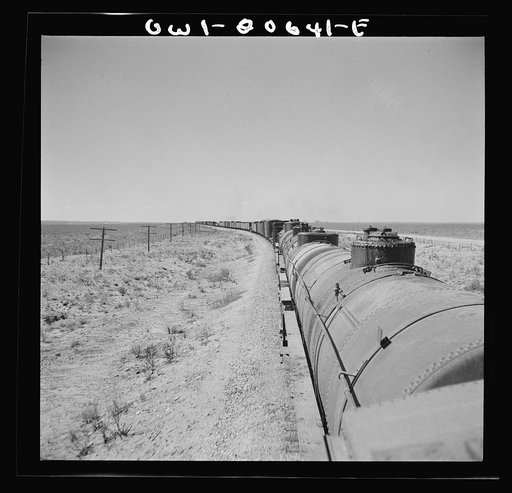 Untitled photo, possibly related to: Melrose, New Mexico. Pulling out of the town on the Atchison, Topeka, and Santa Fe Railroad