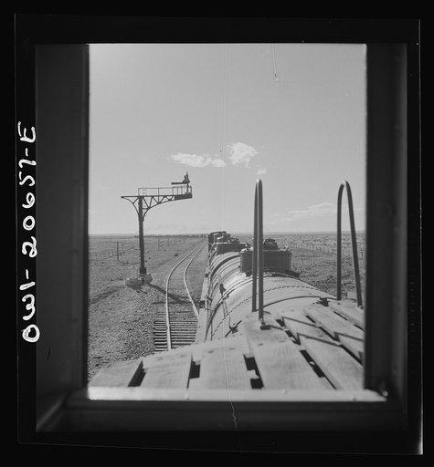 Fort Sumner, New Mexico. Going across the sheep and cattle country along the Atchison, Topeka, and Santa Fe Railroad, between Clovis and Vaughn, New Mexico
