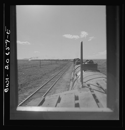Yeso, New Mexico. Rounding a curve along the Atchison, Topeka, and Santa Fe Railroad between Clovis and Vaughn, New Mexico