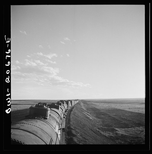 Duors, New Mexico. Going across sheep and cattle country along the Atchison, Topeka, and Santa Fe Railroad between Clovis and Vaughn, New Mexico