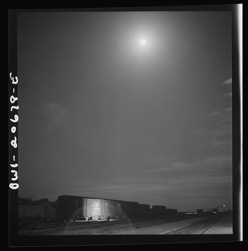 Untitled photo, possibly related to: Vaughn, New Mexico. Train inspector at work in the Atchison, Topeka and Santa Fe Railroad yard, between Clovis and Vaughn, New Mexico