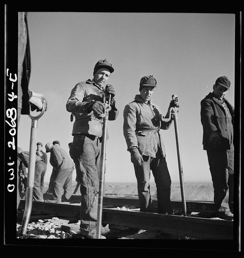 Iden, New Mexico. Jacob Chaves of Torion, New Mexico, left, and Louis Bocca of Willard, New Mexico. Section workers on a job in the Atchison, Topeka and Santa Fe Railroad yard between Clovis and Vaughn, New Mexico