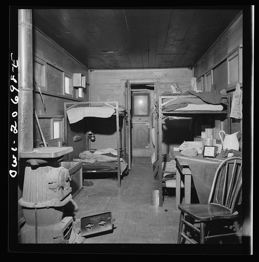 Iden, New Mexico. One of the bunk cars for section workers of a train on the Atchison, Topeka and Santa Fe Railroad between Clovis and Vaughn, New Mexico