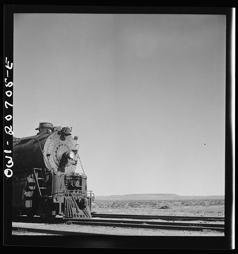 Vaughn, New Mexico. Eastbound locomotive on the Atchison, Topeka and Santa Fe Railroad ready to leave for Clovis, New Mexico