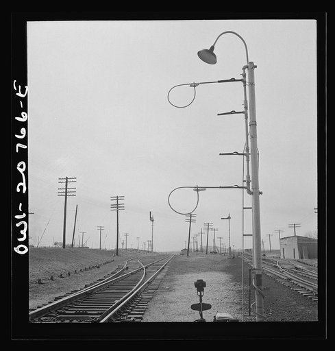Isleta, New Mexico. Hoops with messages in place to be picked up by passing train on the Atchison, Topeka and Santa Fe Railroad