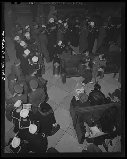 Washington, D.C. Service men in the waiting room at the Greyhound bus terminal