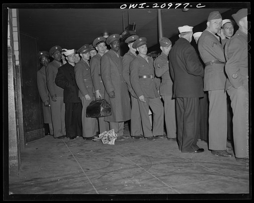 Washington, D.C. Service men waiting for a bus at the Greyhound bus terminal