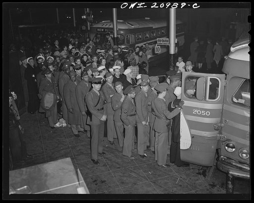 Washington, D.C. Servicemen boarding a bus at the Greyhound bus terminal