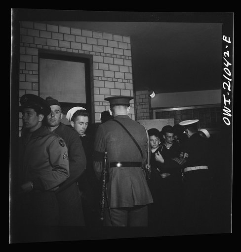 Untitled photo, possibly related to: Washington, D.C. Boarding a special bus for servicemen. Leaving the Greyhound terminal on Sunday night