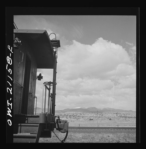 Acomita, New Mexico. Indian farms along the Atchison, Topeka and Santa Fe Railroad between Belen and Gallup, New Mexico. Mount Taylor is in the background