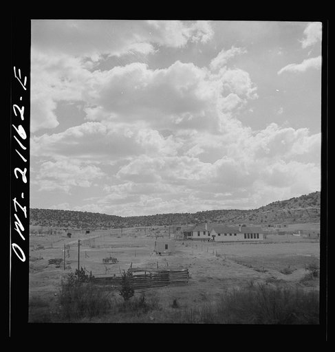 McCartys (vicinity), New Mexico. Passing Indian farms and a school on the Atchison, Topeka and Santa Fe Railroad between Belen and Gallup, New Mexico