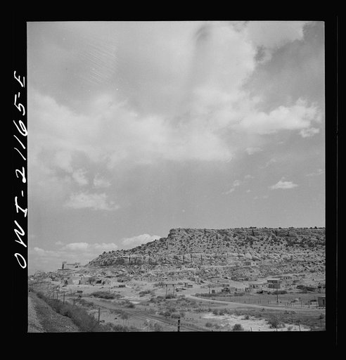 Untitled photo, possibly related to: McCartys (vicinity), New Mexico. Passing by an Indian reservation along the Atchison, Topeka and Santa Fe Railroad between Belen and Gallup, New Mexico