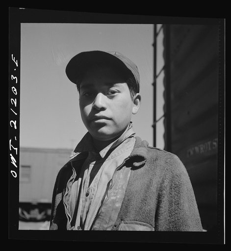 Untitled photo, possibly related to: Gallup, New Mexico. Clyde Trujillo, eighteen-year-old Indian worker who has been employed in the Atchison, Topeka and Santa Fe Railroad car shops for four months