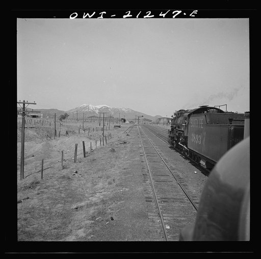 Winona, Arizona. Passing another freight train in a siding along the Atchison, Topeka and Santa Fe Railroad between Winslow and Seligman, Arizona