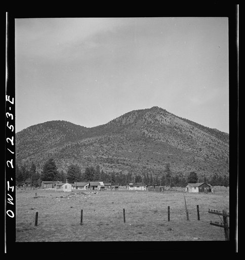 Flagstaff (vicinity), Arizona. Houses along the Atchison, Topeka, and Santa Fe Railroad between Winslow and Seligman, Arizona. As you approach, the country gets more and more wooded