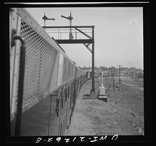 Flagstaff, Arizona. Leaving the town on the Atchison, Topeka, and Santa Fe Railroad between Winslow and Seligman, Arizona