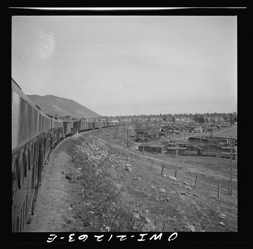 Flagstaff, Arizona. Leaving the town on the Atchison, Topeka, and Santa Fe Railroad between Winslow and Seligman, Arizona