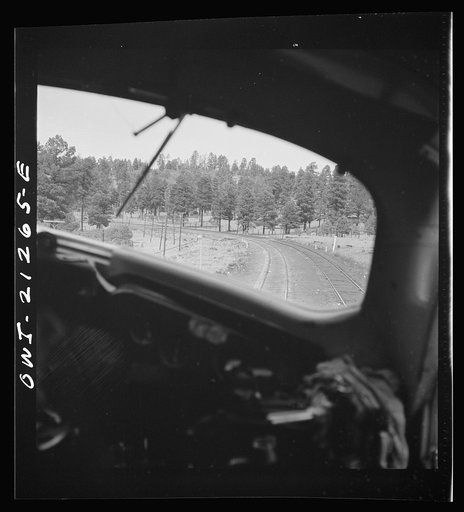 Flagstaff, Arizona. Heading west into the mountains along the Atchison, Topeka, and Santa Fe Railroad between Winslow and Seligman, Arizona