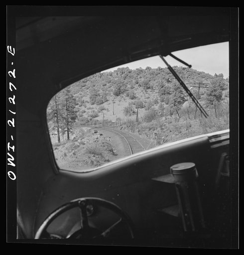 Untitled photo, possibly related to: Williams, Arizona. On the Atchison, Topeka and Santa Fe Railroad between Winslow and Seligman, Arizona, going around a curve in the mountains