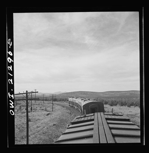 Diesel freight train on the Atchison, Topeka and Santa Fe Railroad between Winslow and Seligman, Arizona going down the mountain from Supai to Ash Fork, Arizona, a drop of about 1600 feet