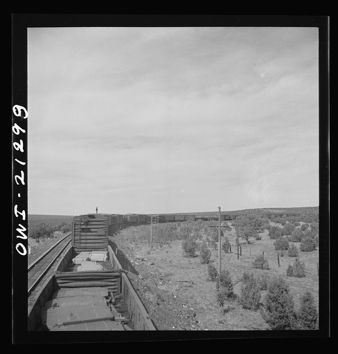Untitled photo, possibly related to: A diesel freight train on the Atchison, Topeka and Santa Fe Railroad between Winslow and Seligman, Arizona going down the mountains from Supai to Ash Fork, Arizona, a drop of about 1600 feet. A brakeman is riding on the top of the car. He stays on as far as Ash F
