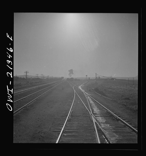 Seligman, Arizona. Leaving the Atchison, Topeka, and Santa Fe Railroad yard between Seligman, Arizona and Needles, California