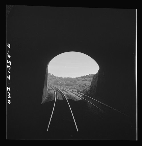 Yampai (vicinity), Arizona. Going through a small tunnel on the Atchison, Topeka, and Santa Fe Railroad between Seligman, Arizona, and Needles, California