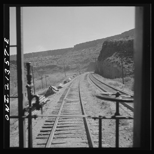 Untitled photo, possibly related to: Peach Springs (vicinity), Arizona. Going through mountainous country on the Atchison, Topeka and Santa Fe Railroad