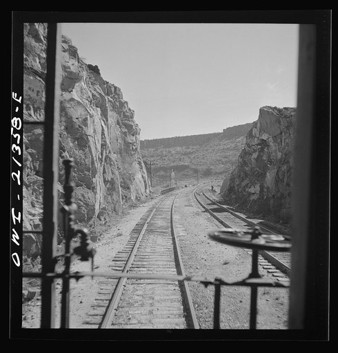 Peach Springs (vicinity), Arizona. Going through mountainous country on the Atchison, Topeka and Santa Fe Railroad