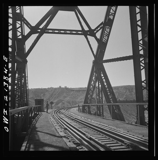 Topock (vicinity), Arizona. Military guard stationed at a bridge over the Colorado River along the Atchison, Topeka and Santa Fe Railroad between Seligman, Arizona and Needles, California
