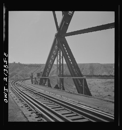 Topock (vicinity), Arizona. Military guard stationed at a bridge over the Colorado River along the Atchison, Topeka and Santa Fe Railroad between Seligman, Arizona and Needles, California