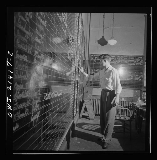 Needles, California. The call board in the Atchison, Topeka, and Santa Fe Railroad crew dispatcher's office