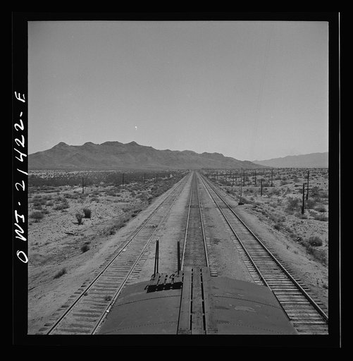 Untitled photo, possibly related to: Needles (vicinity), California. Desert country along the Atchison, Topeka, and Santa Fe Railroad between Needles and Barstow, California